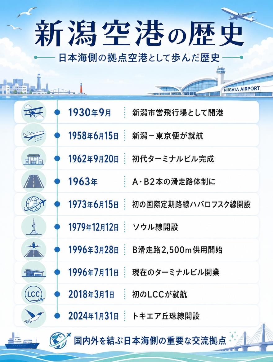 新潟空港の歴史年表。1930年の開港から2024年のトキエア丘珠線開設までをまとめた縦型インフォグラフィック