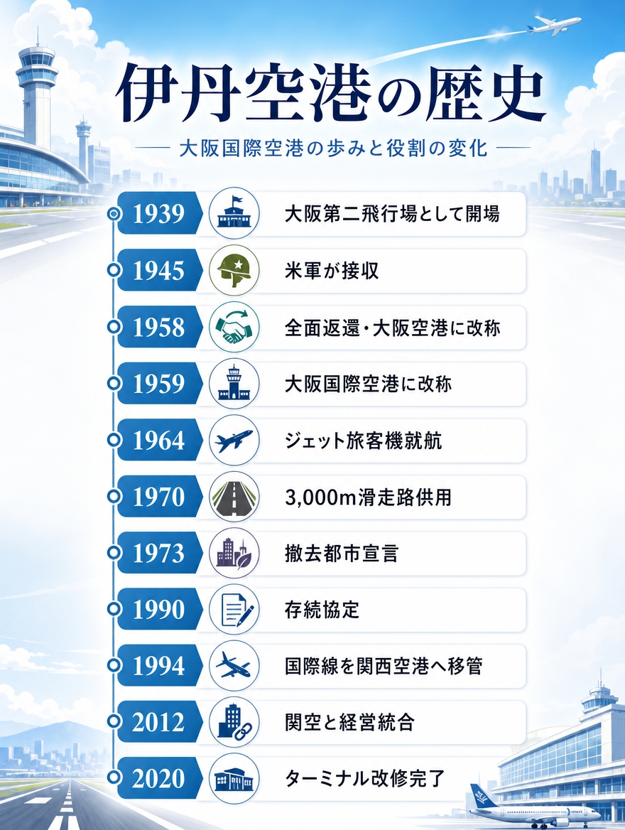 伊丹空港の歴史年表。1939年の大阪第二飛行場開場から2020年のターミナル改修完了までをまとめた縦型インフォグラフィック