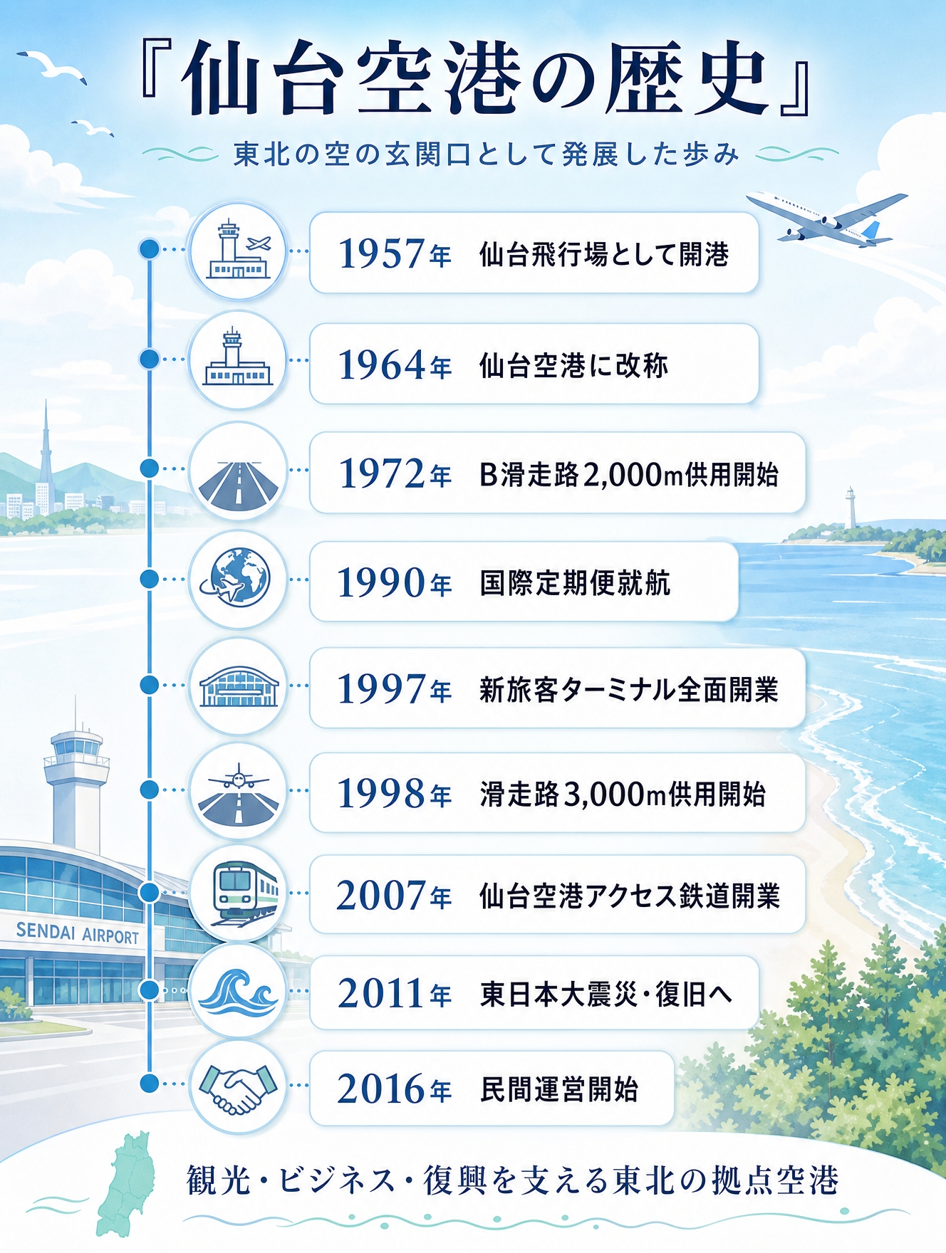 仙台空港の歴史年表。1957年の開港から2016年の民間運営開始までをまとめた縦型インフォグラフィック