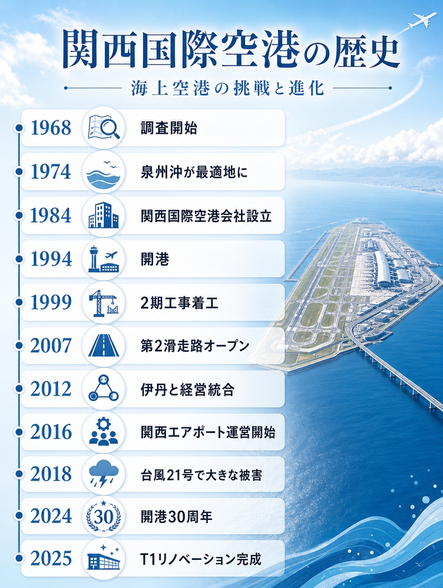 関西国際空港の歴史年表。1968年の調査開始から2025年のT1リノベーション完成までをまとめた縦型インフォグラフィック