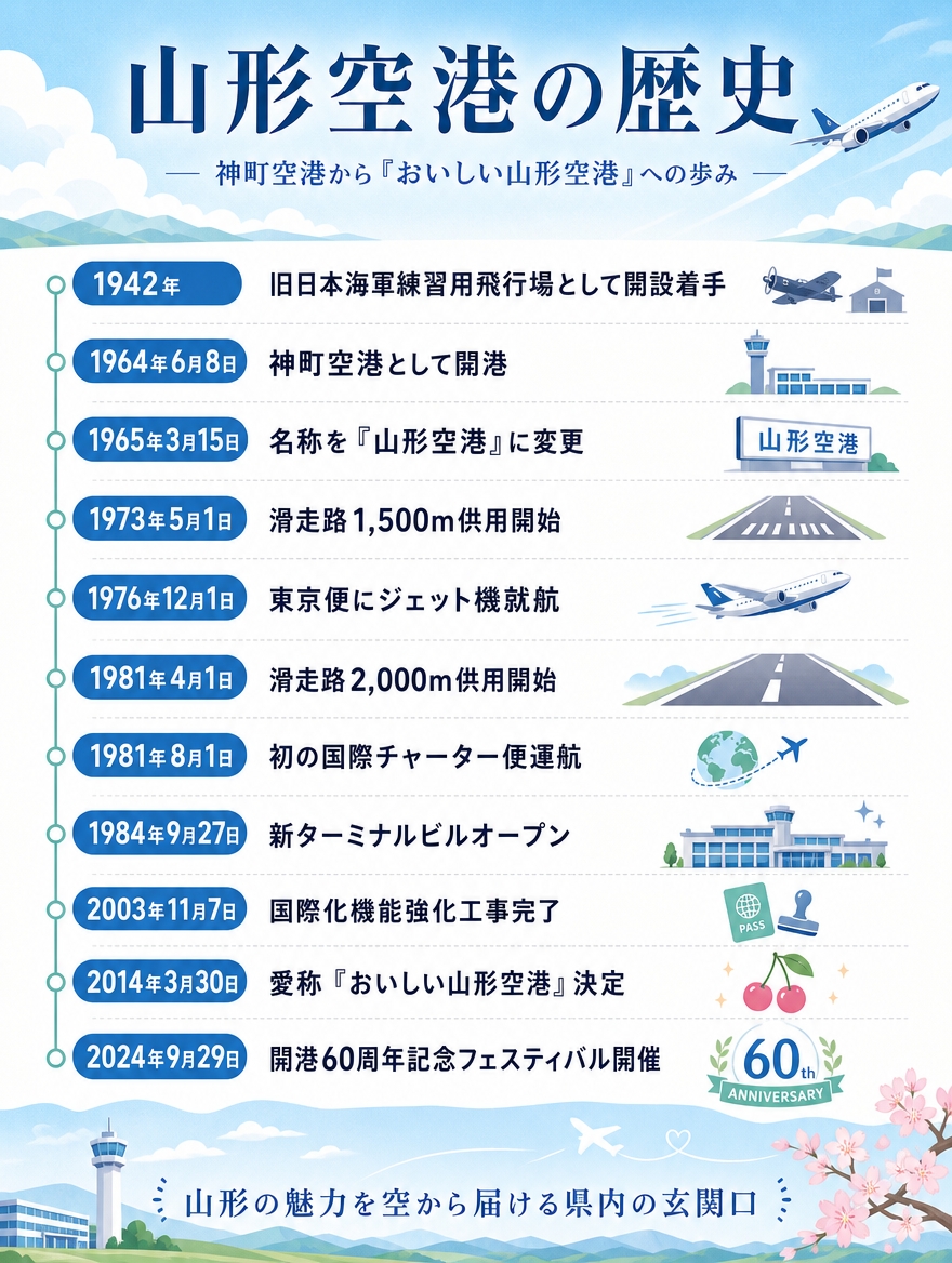 山形空港の歴史年表。1942年の飛行場開設着手から2024年の開港60周年記念フェスティバルまでをまとめた縦型インフォグラフィック