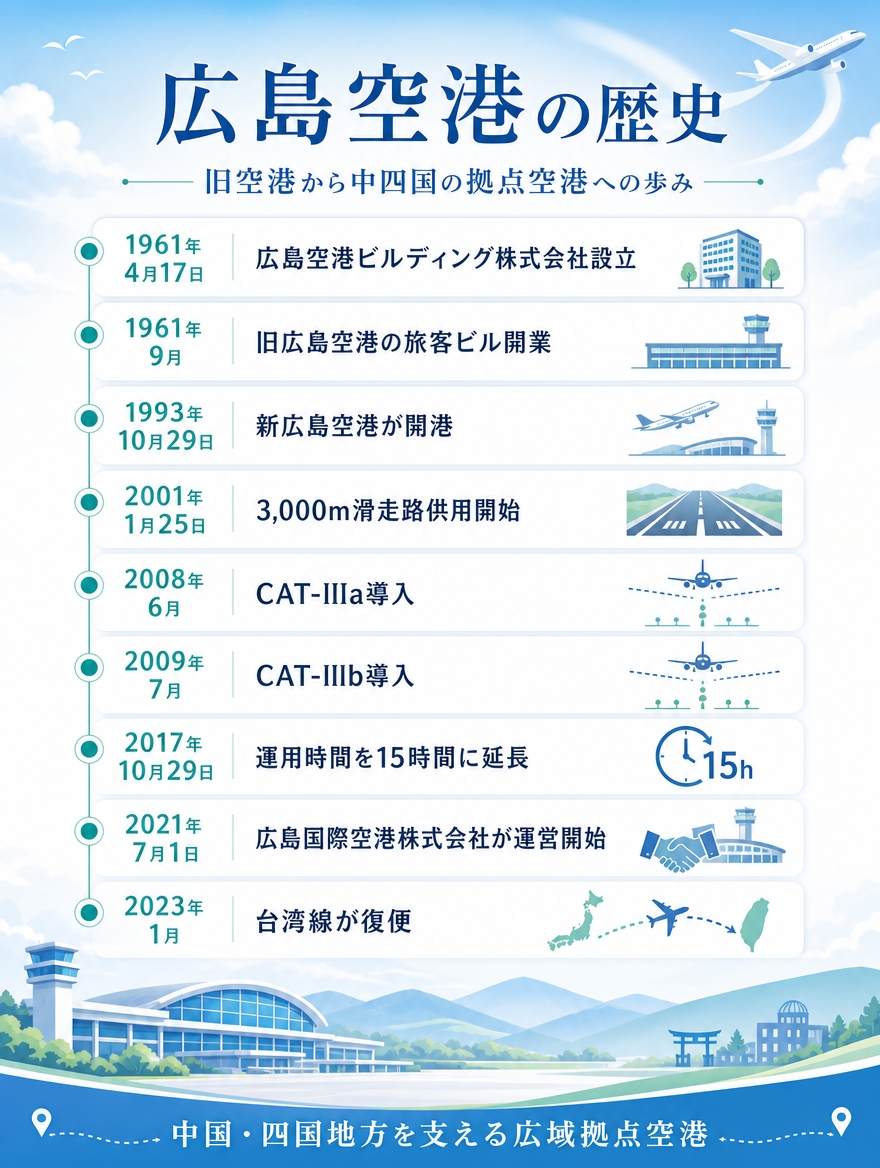 広島空港の歴史年表。1961年の旧広島空港旅客ビル開業から2023年の台湾線復便までをまとめた縦型インフォグラフィック