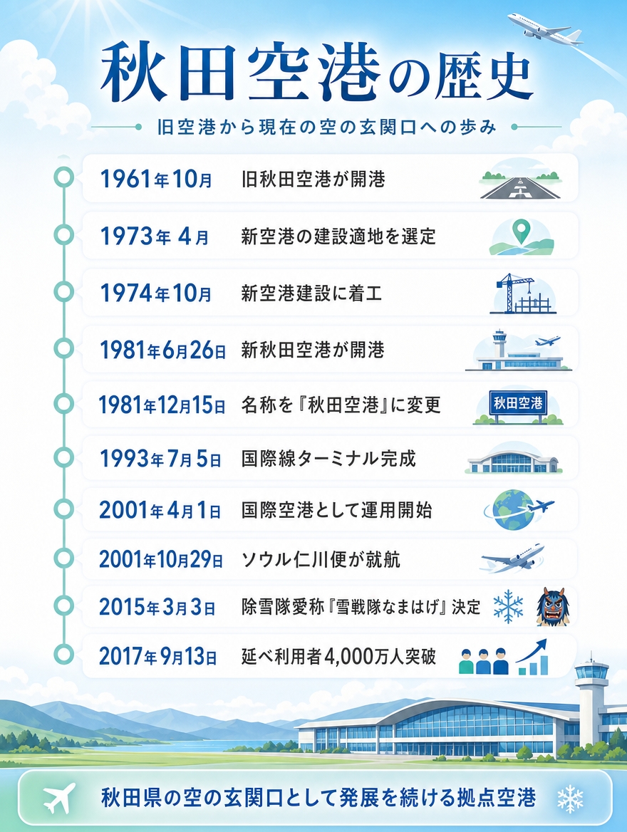 秋田空港の歴史年表。1961年の旧秋田空港開港から2017年の延べ利用者4,000万人突破までをまとめた縦型インフォグラフィック