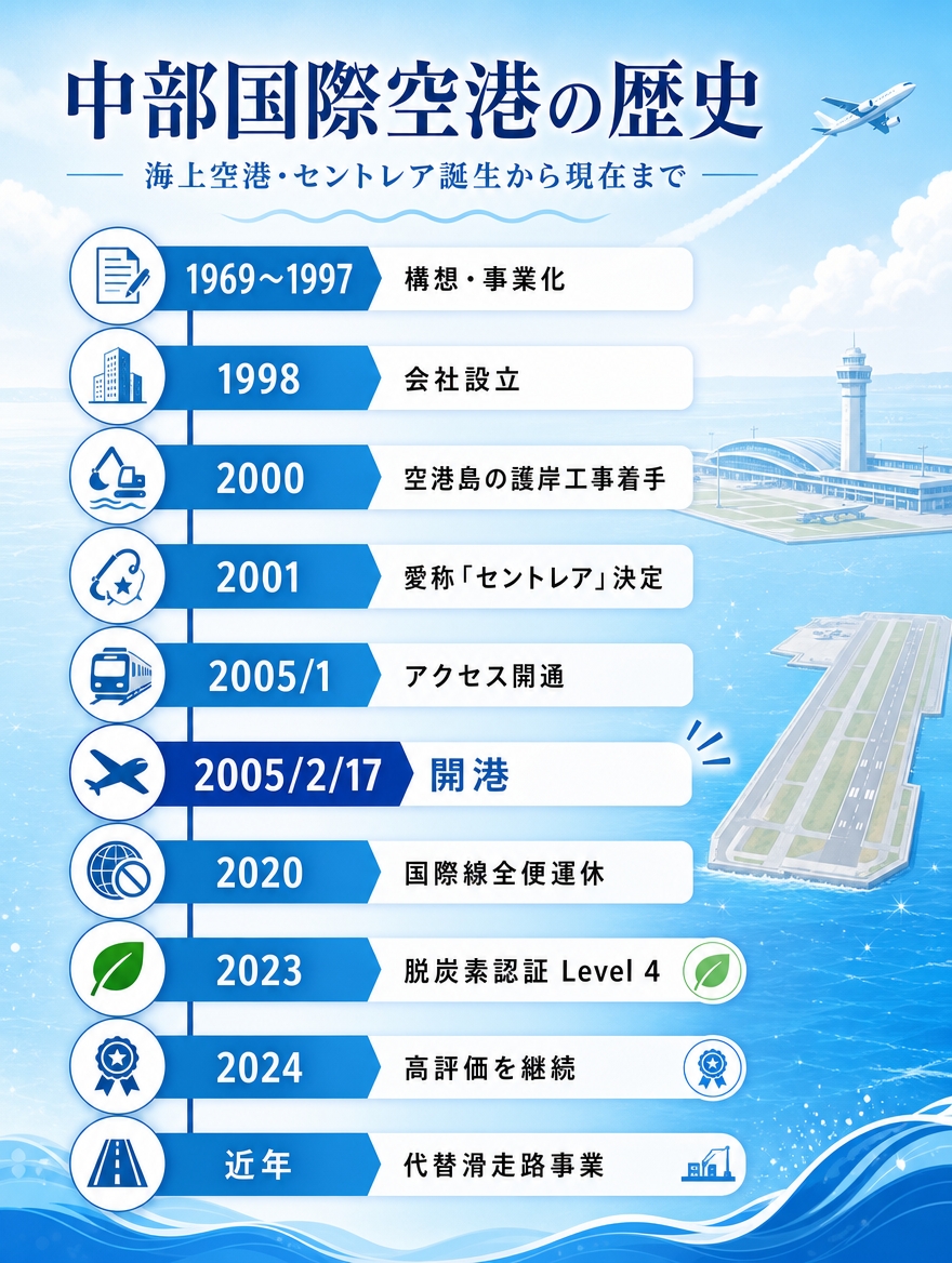 中部国際空港の歴史年表。構想期から1998年の会社設立、2005年の開港、2020年の国際線全便運休、近年の代替滑走路事業までをまとめた縦型インフォグラフィック